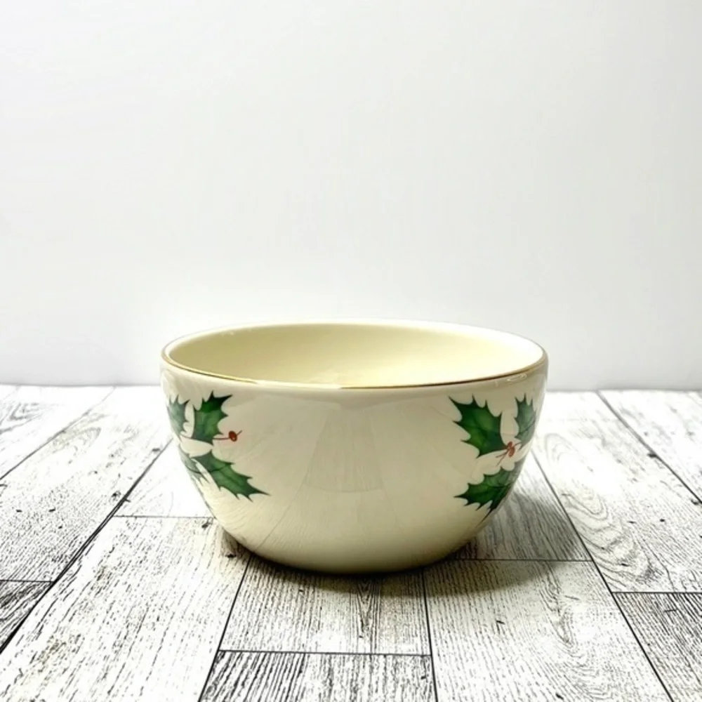 Lenox American By Design Holiday Bowl Green Holly & Red Ribbon Gold Trim